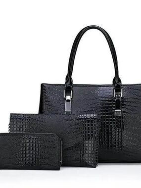 Structured Black Croc-Embossed Tote with Coordinating Pouches